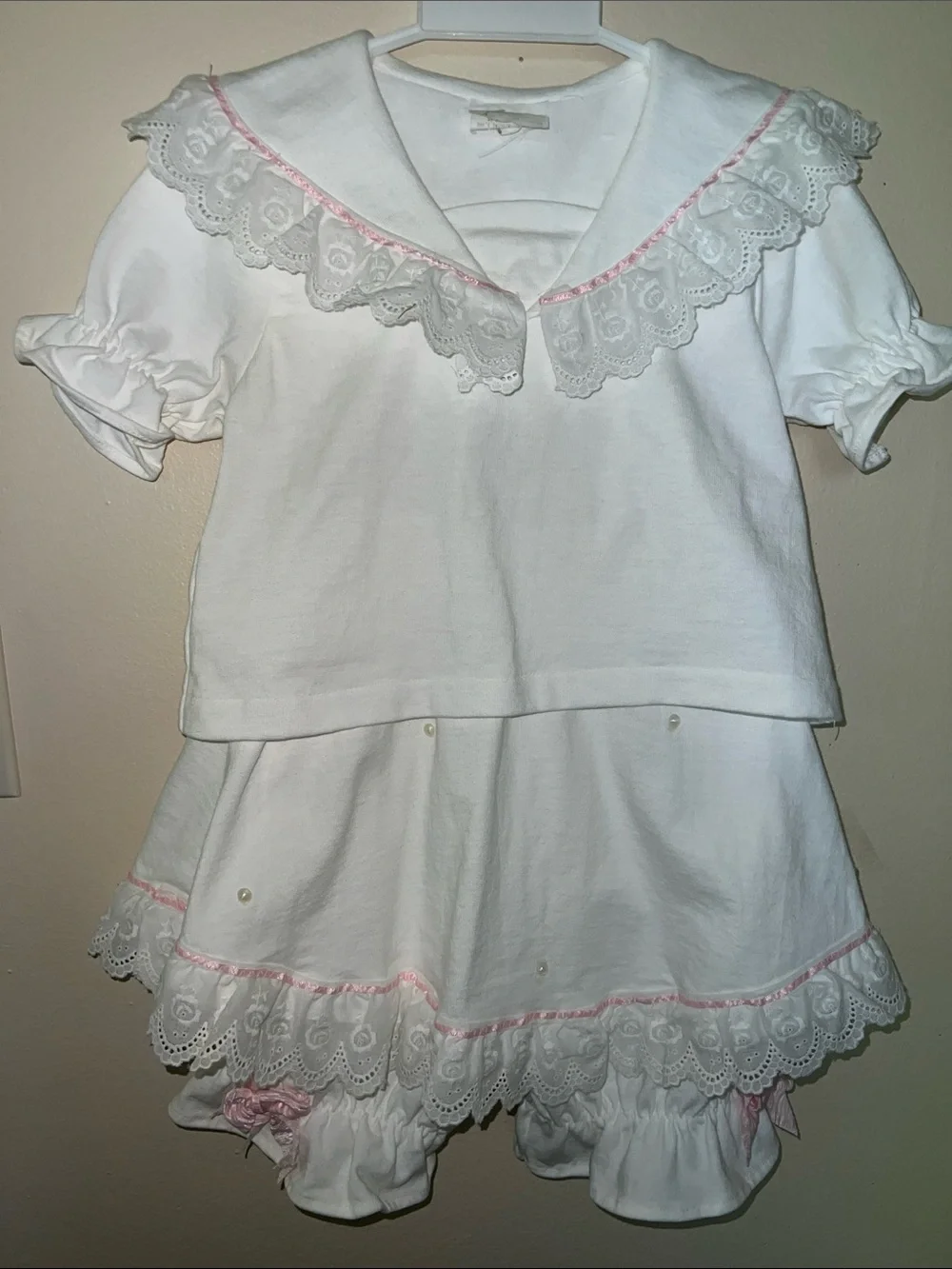 Cottagecore White Lace Trim Two-Piece Set with Pink Accents​